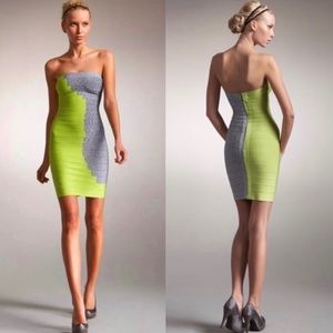 Herve Leger Neon Two Tone Classic Strapless Bodycon Bandage Cocktail Party Dress